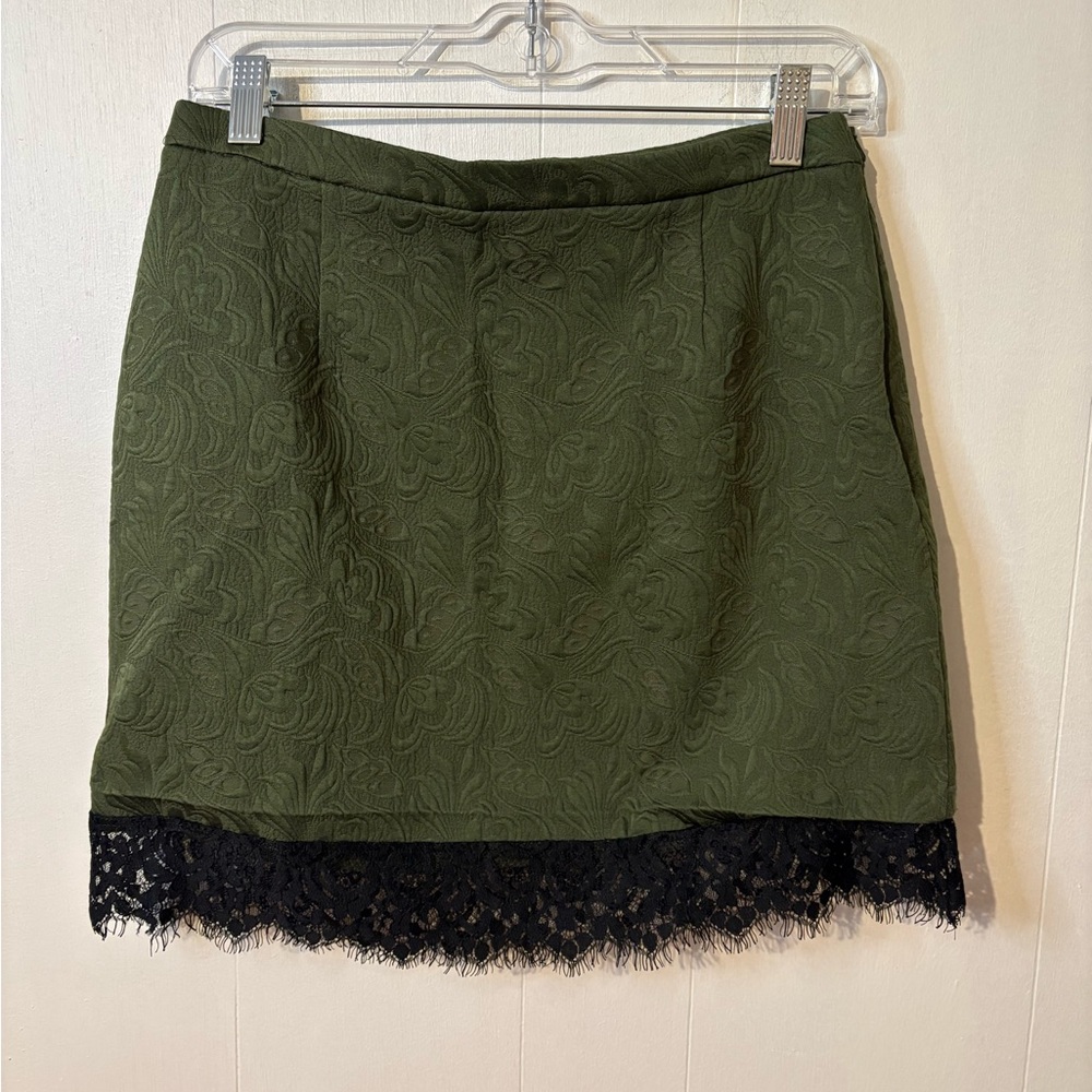 Topshop Olive Green Skirt with Black Lace Trim